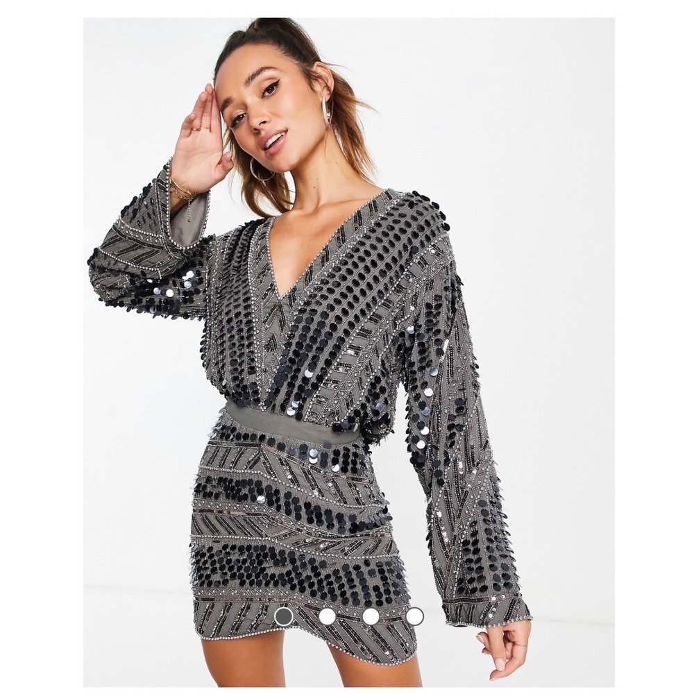ASOS DESIGN Mini Dress Women 18 Grey Sequin Beaded Long Sleeve V-Neck Party